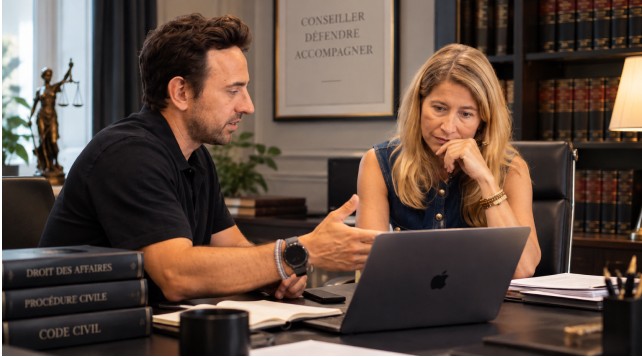 Adrien Colombié accompagne une avocate devant un ordinateur